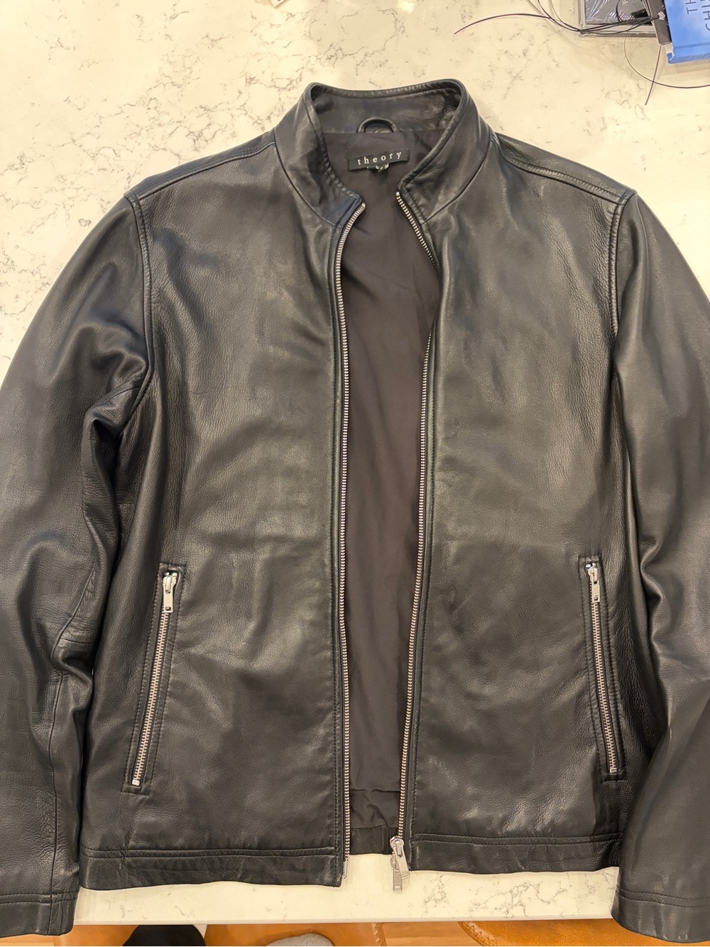 Theory Black Leather Bomber Jacket with Zip Pockets